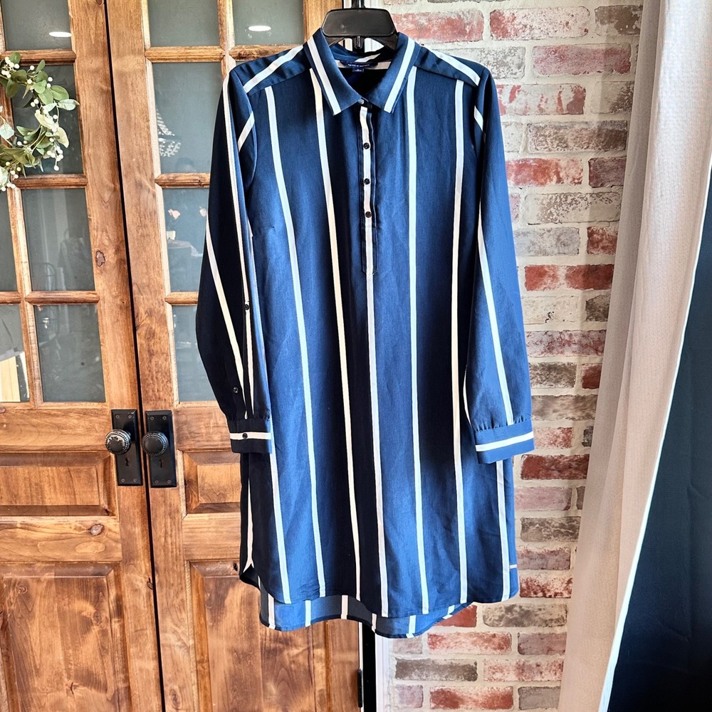 Tommy Hilfiger Shirt Dress Women Navy Blue Striped Roll Tab Sleeve Coastal Med